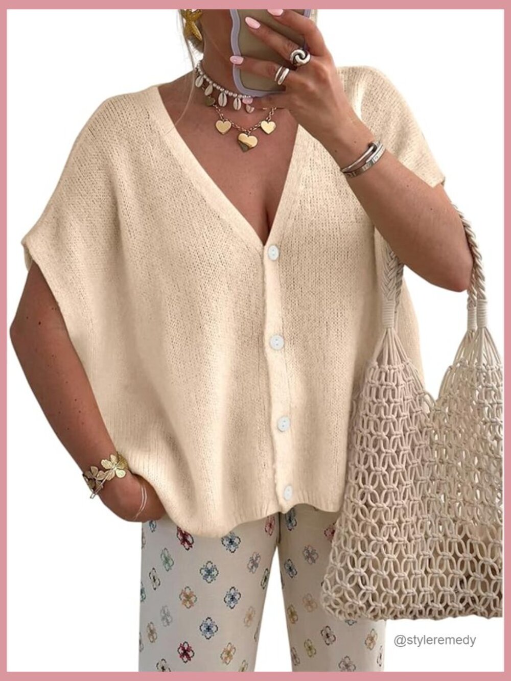 Oversized Cardigan - Batwing Short Sleeve Lightweight Button V Neck Casual Knit - Picture 1 of 7